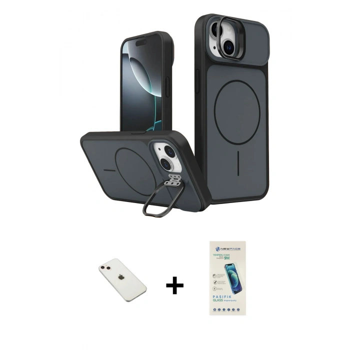 MARSİLYAN™- iPhone 14 Kılıf İz Modern Prime - Şeffaf Pasifik Cam Ekran Koruyucu + Diamond Kamera Lens - PE