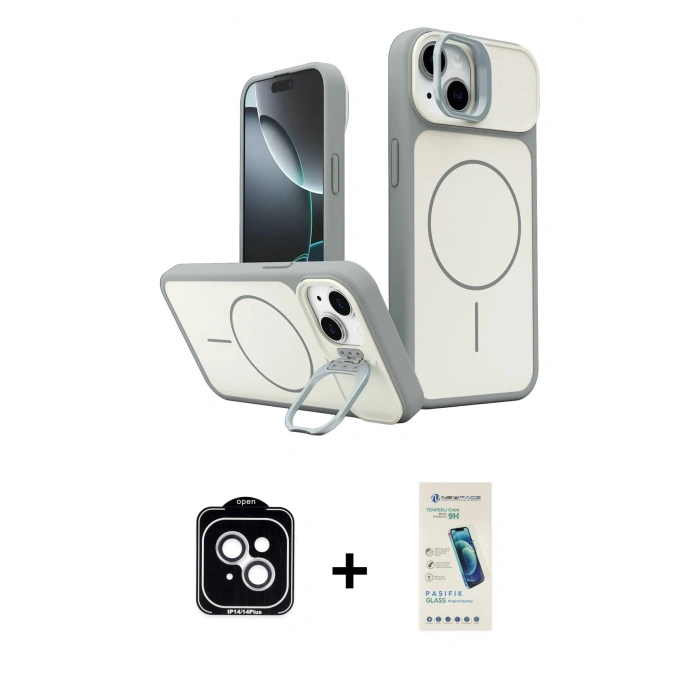 MARSİLYAN™- iPhone 14 Kılıf İz Modern Prime - Şeffaf Pasifik Cam Ekran Koruyucu + PVD Metal Kamera Lens - GS
