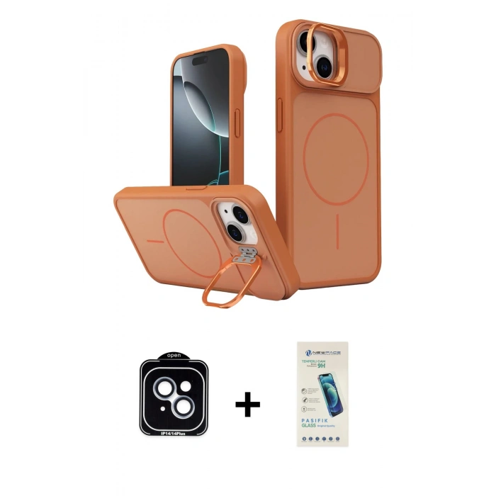 MARSİLYAN™- iPhone 14 Kılıf İz Modern Prime - Şeffaf Pasifik Cam Ekran Koruyucu + PVD Metal Kamera Lens - MI