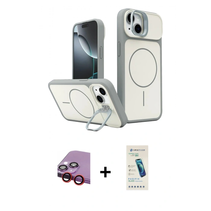 MARSİLYAN™- iPhone 14 Kılıf İz Modern Prime - Şeffaf Pasifik Cam Ekran Koruyucu + Raze Metal Kamera Lens - KI