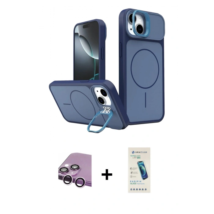 MARSİLYAN™- iPhone 14 Kılıf İz Modern Prime - Şeffaf Pasifik Cam Ekran Koruyucu + Raze Metal Kamera Lens - MR