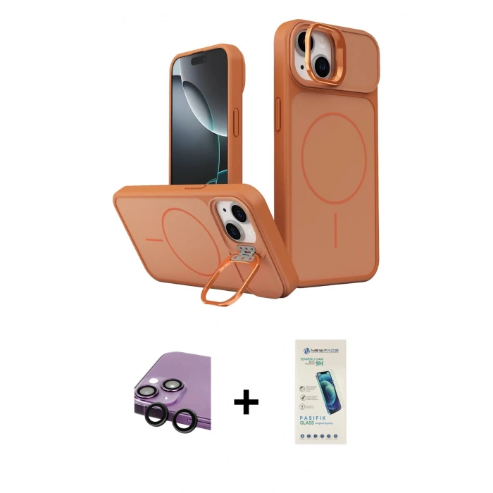 MARSİLYAN™- iPhone 14 Kılıf İz Modern Prime - Şeffaf Pasifik Cam Ekran Koruyucu + Raze Metal Kamera Lens - SH