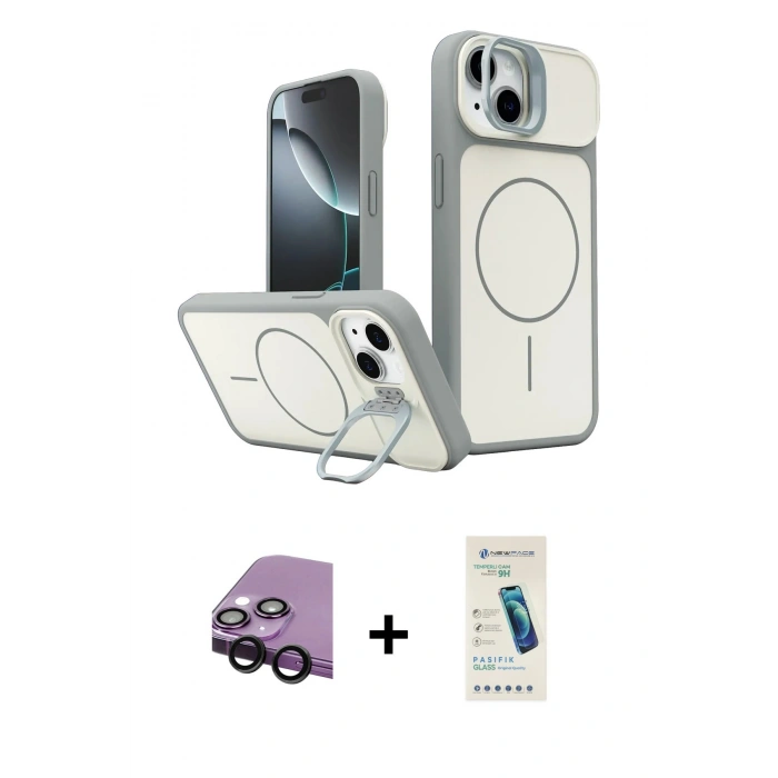 MARSİLYAN™- iPhone 14 Kılıf İz Modern Prime - Şeffaf Pasifik Cam Ekran Koruyucu + Raze Metal Kamera Lens - SH
