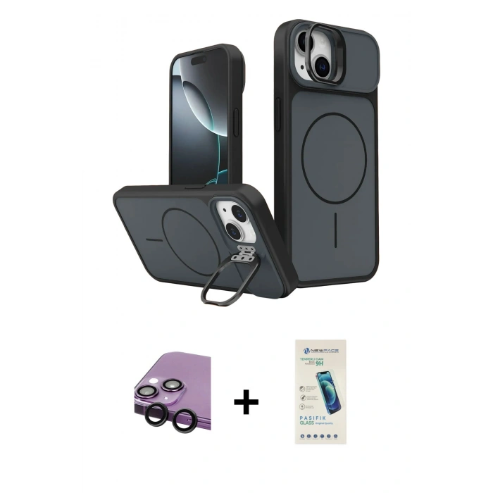 MARSİLYAN™- iPhone 14 Kılıf İz Modern Prime - Şeffaf Pasifik Cam Ekran Koruyucu + Raze Metal Kamera Lens - SH