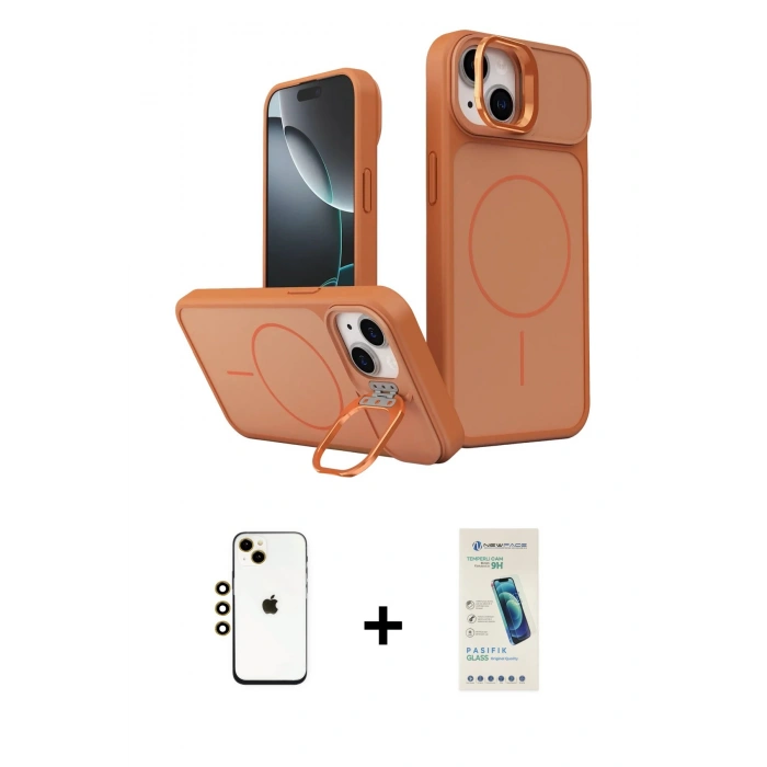 MARSİLYAN™- iPhone 14 Kılıf İz Modern Prime - Şeffaf Pasifik Cam Ekran Koruyucu + Shine Kamera Lens - GD