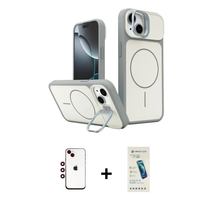 MARSİLYAN™- iPhone 14 Kılıf İz Modern Prime - Şeffaf Pasifik Cam Ekran Koruyucu + Shine Kamera Lens - KI