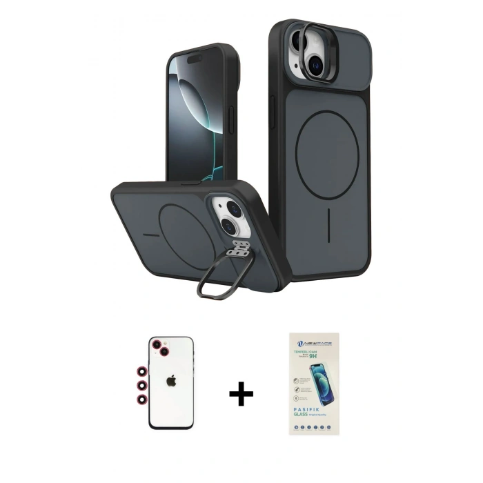 MARSİLYAN™- iPhone 14 Kılıf İz Modern Prime - Şeffaf Pasifik Cam Ekran Koruyucu + Shine Kamera Lens - KI