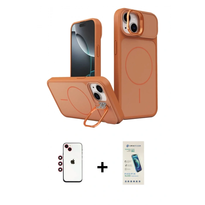 MARSİLYAN™- iPhone 14 Kılıf İz Modern Prime - Şeffaf Pasifik Cam Ekran Koruyucu + Shine Kamera Lens - KI