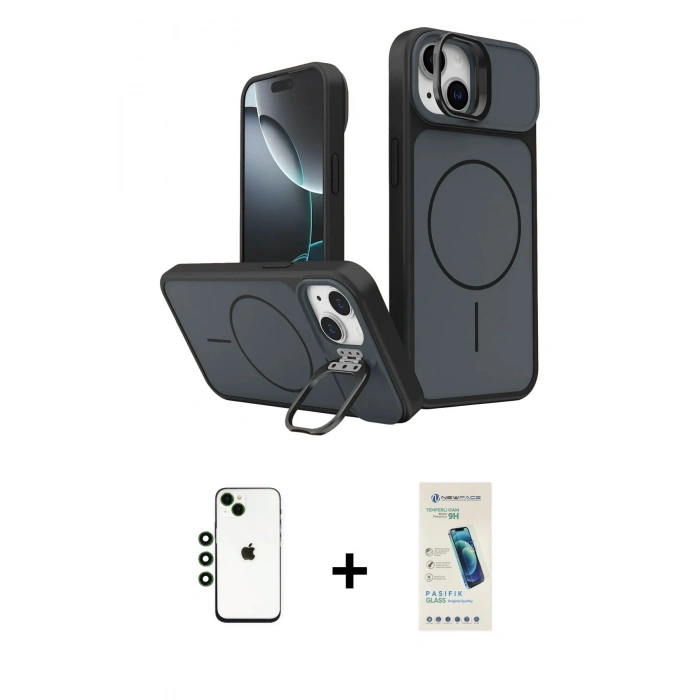 MARSİLYAN™- iPhone 14 Kılıf İz Modern Prime - Şeffaf Pasifik Cam Ekran Koruyucu + Shine Kamera Lens - YL