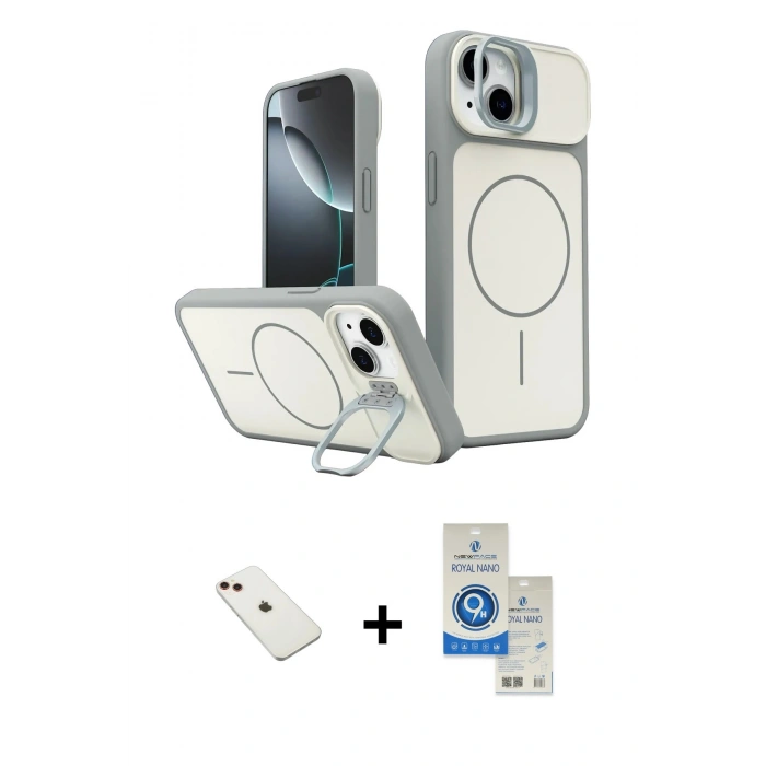 MARSİLYAN™- iPhone 14 Kılıf İz Modern Prime - Şeffaf Royal Nano Ekran Koruyucu + Diamond Kamera Lens - KI