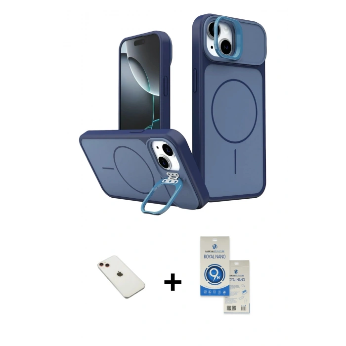 MARSİLYAN™- iPhone 14 Kılıf İz Modern Prime - Şeffaf Royal Nano Ekran Koruyucu + Diamond Kamera Lens - KI