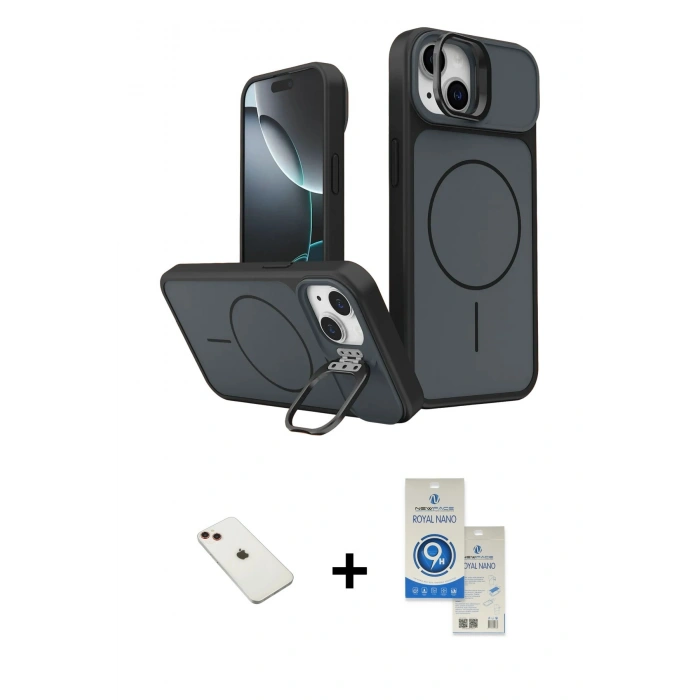 MARSİLYAN™- iPhone 14 Kılıf İz Modern Prime - Şeffaf Royal Nano Ekran Koruyucu + Diamond Kamera Lens - KI