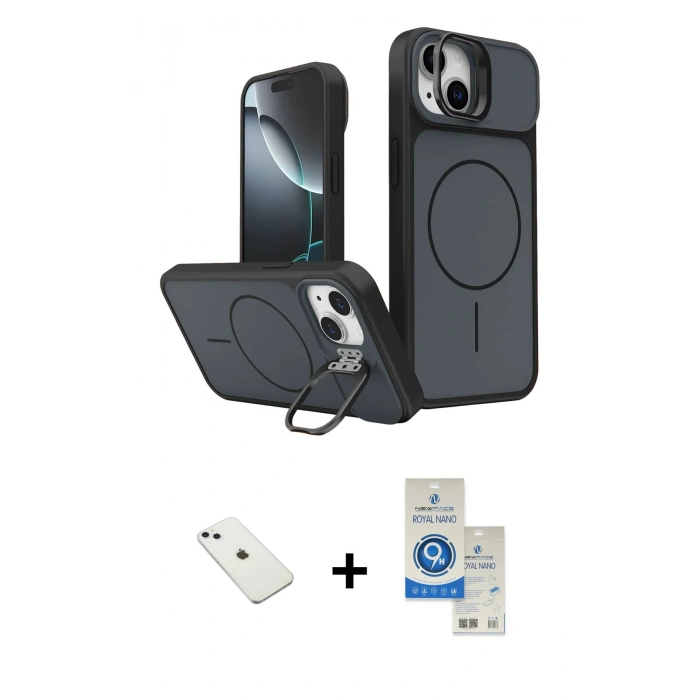 MARSİLYAN™- iPhone 14 Kılıf İz Modern Prime - Şeffaf Royal Nano Ekran Koruyucu + Diamond Kamera Lens - SABE