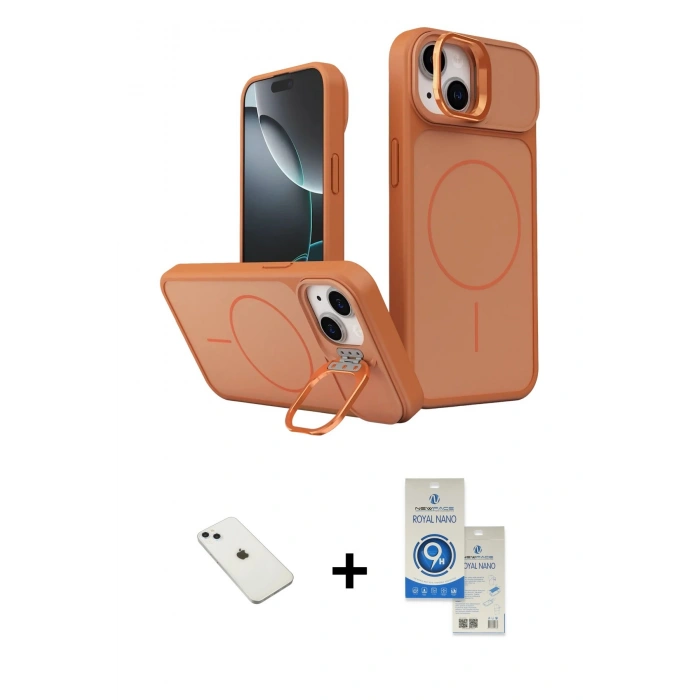 MARSİLYAN™- iPhone 14 Kılıf İz Modern Prime - Şeffaf Royal Nano Ekran Koruyucu + Diamond Kamera Lens - SABE