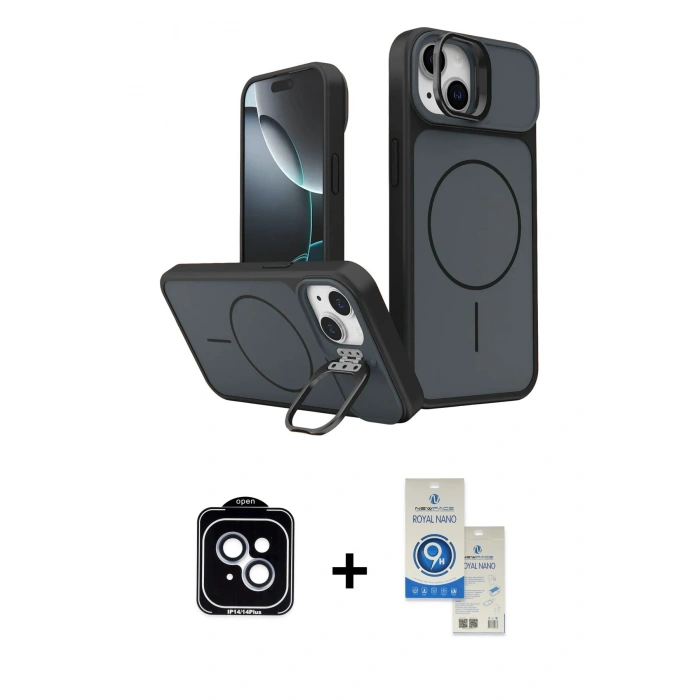 MARSİLYAN™- iPhone 14 Kılıf İz Modern Prime - Şeffaf Royal Nano Ekran Koruyucu + PVD Metal Kamera Lens - MI