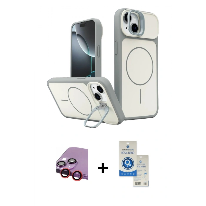 MARSİLYAN™- iPhone 14 Kılıf İz Modern Prime - Şeffaf Royal Nano Ekran Koruyucu + Raze Metal Kamera Lens - KI