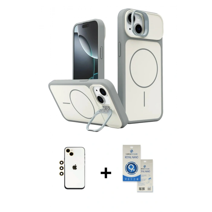MARSİLYAN™- iPhone 14 Kılıf İz Modern Prime - Şeffaf Royal Nano Ekran Koruyucu + Shine Kamera Lens - GD