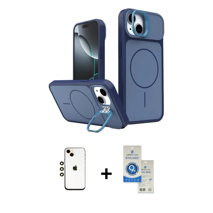 MARSİLYAN™- iPhone 14 Kılıf İz Modern Prime - Şeffaf Royal Nano Ekran Koruyucu + Shine Kamera Lens - GD