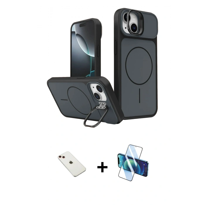 MARSİLYAN™- iPhone 14 Kılıf İz Modern Prime - Siyah 3D Antistatik Cam Ekran Koruyucu + Diamond Kamera Lens - KI