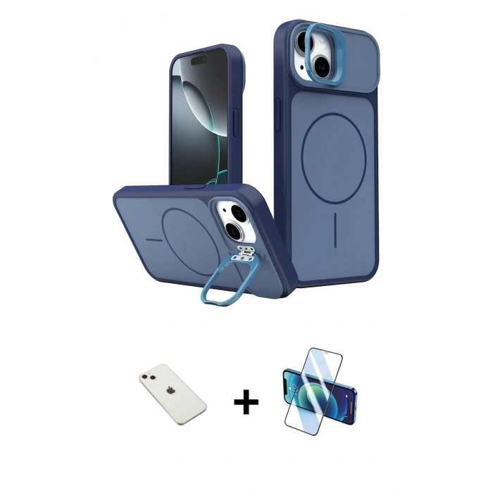 MARSİLYAN™- iPhone 14 Kılıf İz Modern Prime - Siyah 3D Antistatik Cam Ekran Koruyucu + Diamond Kamera Lens - PE