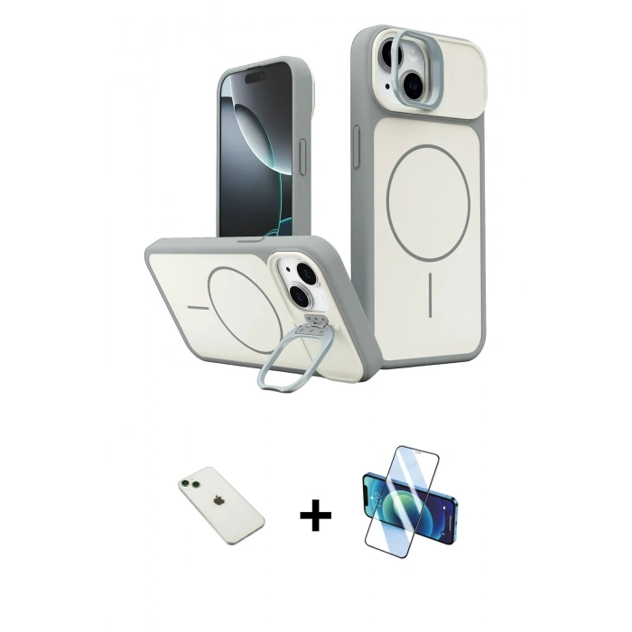 MARSİLYAN™- iPhone 14 Kılıf İz Modern Prime - Siyah 3D Antistatik Cam Ekran Koruyucu + Diamond Kamera Lens - YL
