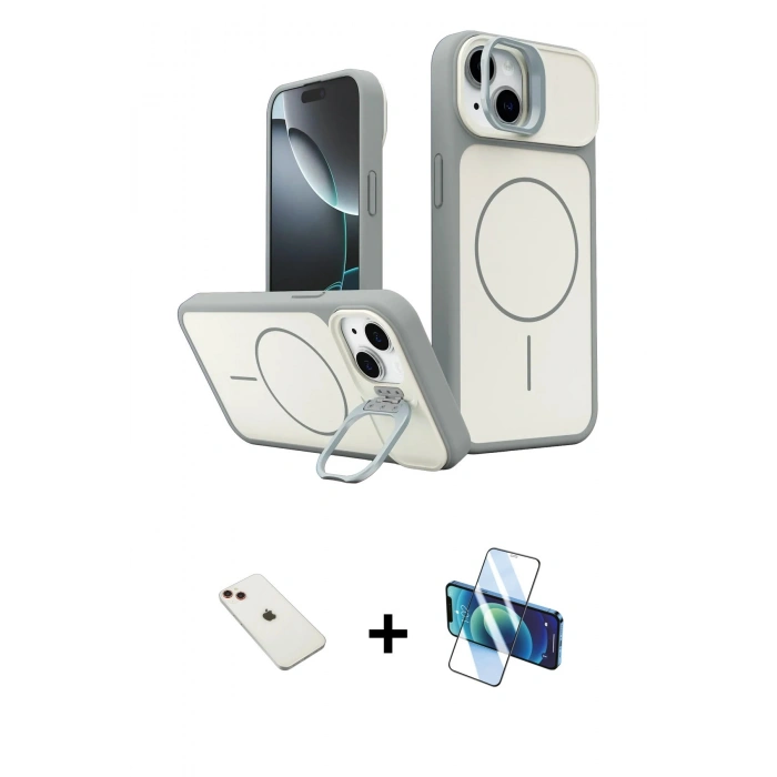 MARSİLYAN™- iPhone 14 Kılıf İz Modern Prime - Siyah 3D Antistatik Cam Ekran Koruyucu + Diamond Kamera Lens - KI