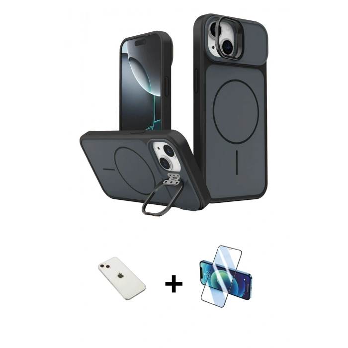 MARSİLYAN™- iPhone 14 Kılıf İz Modern Prime - Siyah 3D Antistatik Cam Ekran Koruyucu + Diamond Kamera Lens - PE