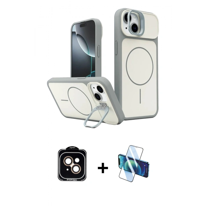 MARSİLYAN™- iPhone 14 Kılıf İz Modern Prime - Siyah 3D Antistatik Cam Ekran Koruyucu + PVD Metal Kamera Lens - TU