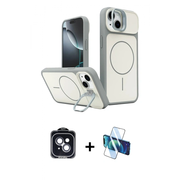 MARSİLYAN™- iPhone 14 Kılıf İz Modern Prime - Siyah 3D Antistatik Cam Ekran Koruyucu + PVD Metal Kamera Lens - SH
