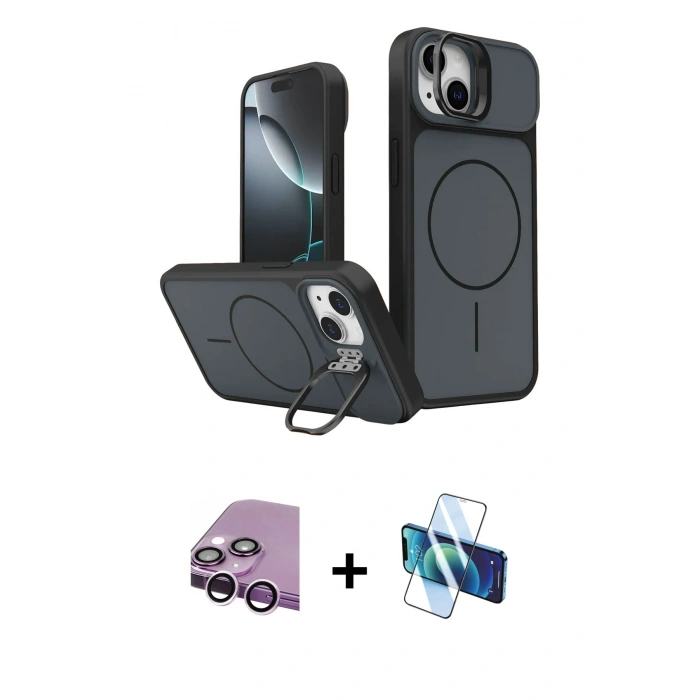 MARSİLYAN™- iPhone 14 Kılıf İz Modern Prime - Siyah 3D Antistatik Cam Ekran Koruyucu + Raze Metal Kamera Lens - MR