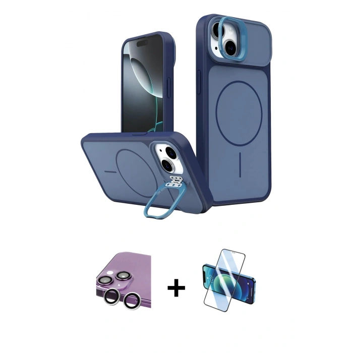 MARSİLYAN™- iPhone 14 Kılıf İz Modern Prime - Siyah 3D Antistatik Cam Ekran Koruyucu + Raze Metal Kamera Lens - GS