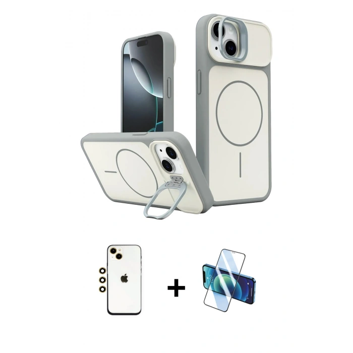 MARSİLYAN™- iPhone 14 Kılıf İz Modern Prime - Siyah 3D Antistatik Cam Ekran Koruyucu + Shine Kamera Lens - GD