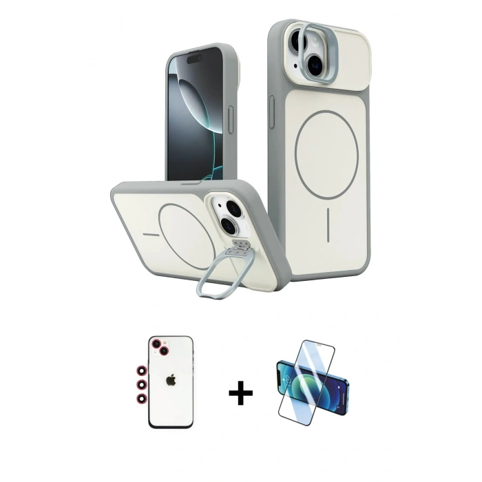 MARSİLYAN™- iPhone 14 Kılıf İz Modern Prime - Siyah 3D Antistatik Cam Ekran Koruyucu + Shine Kamera Lens - KI