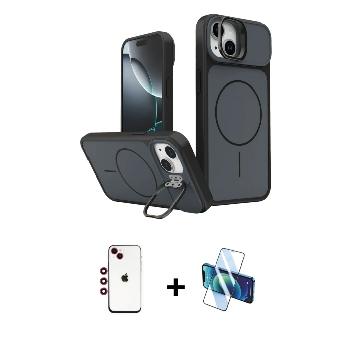 MARSİLYAN™- iPhone 14 Kılıf İz Modern Prime - Siyah 3D Antistatik Cam Ekran Koruyucu + Shine Kamera Lens - KI