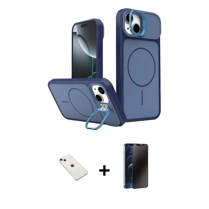MARSİLYAN™- iPhone 14 Kılıf İz Modern Prime - Siyah 3D Antistatik Hayalet Cam Ekran Koruyucu + Diamond Kamera Lens - KI