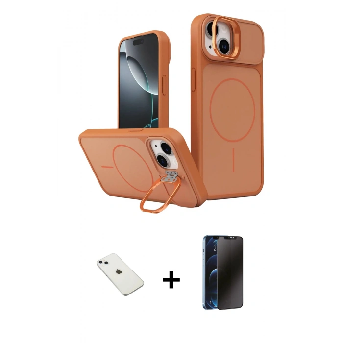 MARSİLYAN™- iPhone 14 Kılıf İz Modern Prime - Siyah 3D Antistatik Hayalet Cam Ekran Koruyucu + Diamond Kamera Lens - SABE