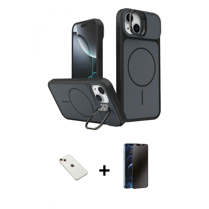 MARSİLYAN™- iPhone 14 Kılıf İz Modern Prime - Siyah 3D Antistatik Hayalet Cam Ekran Koruyucu + Diamond Kamera Lens - KI
