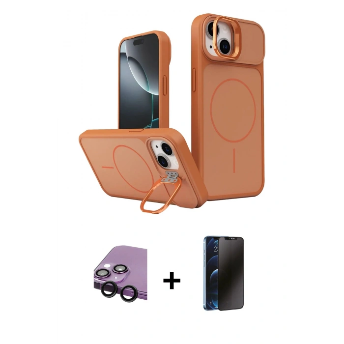 MARSİLYAN™- iPhone 14 Kılıf İz Modern Prime - Siyah 3D Antistatik Hayalet Cam Ekran Koruyucu + Raze Metal Kamera Lens - SH