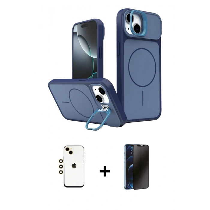 MARSİLYAN™- iPhone 14 Kılıf İz Modern Prime - Siyah 3D Antistatik Hayalet Cam Ekran Koruyucu + Shine Kamera Lens - GD