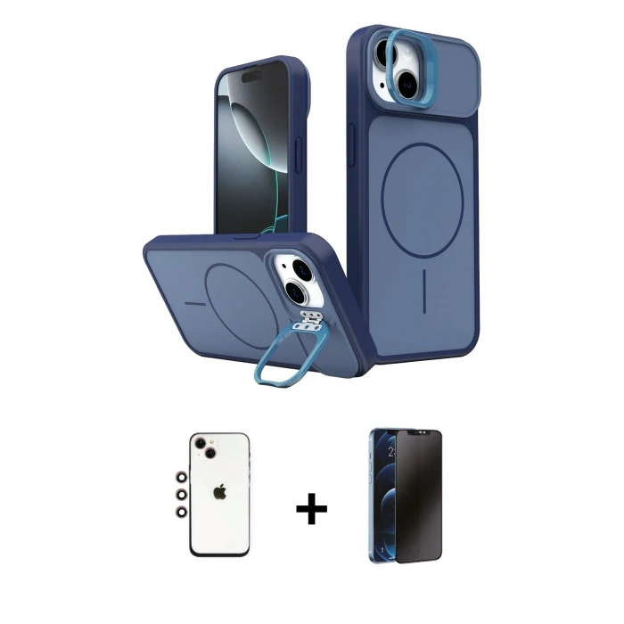 MARSİLYAN™- iPhone 14 Kılıf İz Modern Prime - Siyah 3D Antistatik Hayalet Cam Ekran Koruyucu + Shine Kamera Lens - GI