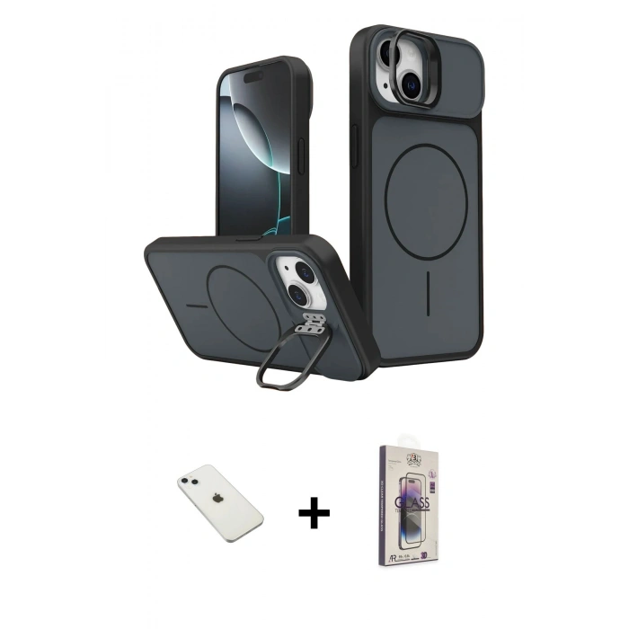 MARSİLYAN™- iPhone 14 Kılıf İz Modern Prime - Siyah Bilvis 3D Cam Ekran Koruyucu + Diamond Kamera Lens - SABE