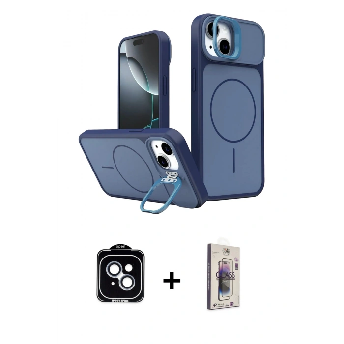 MARSİLYAN™- iPhone 14 Kılıf İz Modern Prime - Siyah Bilvis 3D Cam Ekran Koruyucu + PVD Metal Kamera Lens - MI
