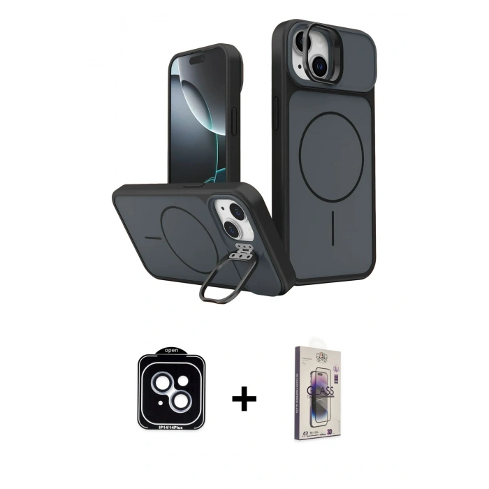 MARSİLYAN™- iPhone 14 Kılıf İz Modern Prime - Siyah Bilvis 3D Cam Ekran Koruyucu + PVD Metal Kamera Lens - MI