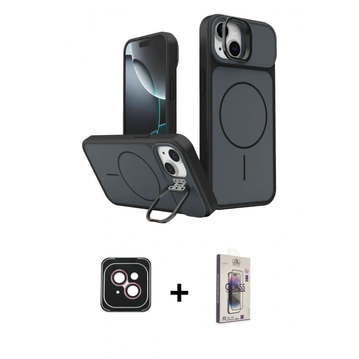 MARSİLYAN™- iPhone 14 Kılıf İz Modern Prime - Siyah Bilvis 3D Cam Ekran Koruyucu + PVD Metal Kamera Lens - PE