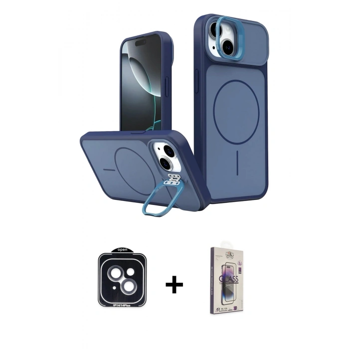 MARSİLYAN™- iPhone 14 Kılıf İz Modern Prime - Siyah Bilvis 3D Cam Ekran Koruyucu + PVD Metal Kamera Lens - SH
