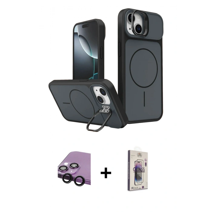 MARSİLYAN™- iPhone 14 Kılıf İz Modern Prime - Siyah Bilvis 3D Cam Ekran Koruyucu + Raze Metal Kamera Lens - SH