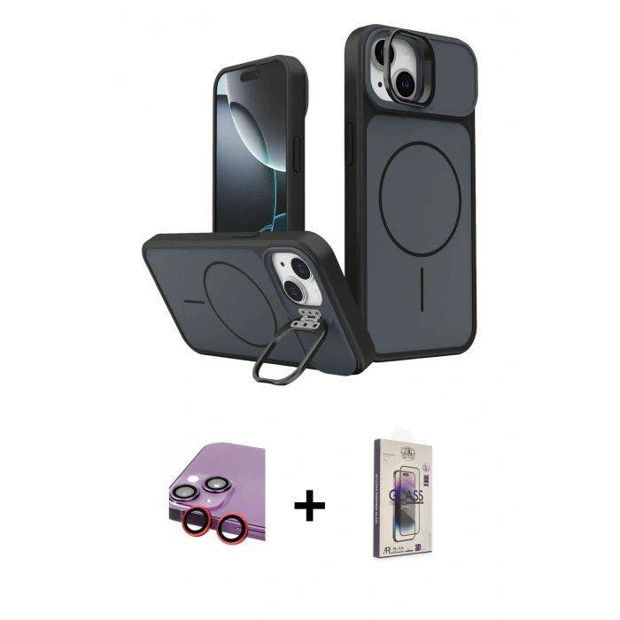 MARSİLYAN™- iPhone 14 Kılıf İz Modern Prime - Siyah Bilvis 3D Cam Ekran Koruyucu + Raze Metal Kamera Lens - KI