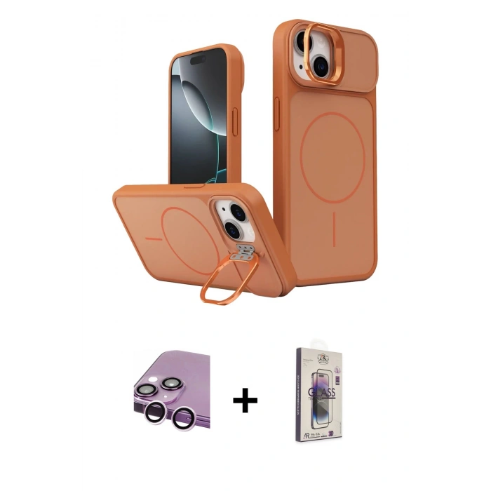 MARSİLYAN™- iPhone 14 Kılıf İz Modern Prime - Siyah Bilvis 3D Cam Ekran Koruyucu + Raze Metal Kamera Lens - MR