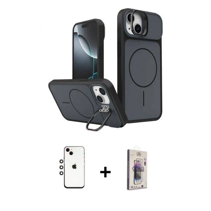 MARSİLYAN™- iPhone 14 Kılıf İz Modern Prime - Siyah Bilvis 3D Cam Ekran Koruyucu + Shine Kamera Lens - GI