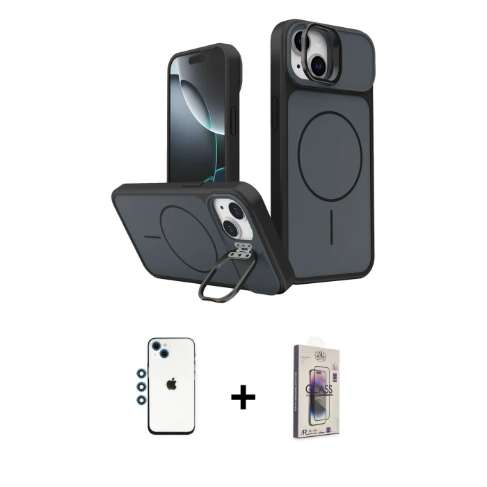MARSİLYAN™- iPhone 14 Kılıf İz Modern Prime - Siyah Bilvis 3D Cam Ekran Koruyucu + Shine Kamera Lens - MI